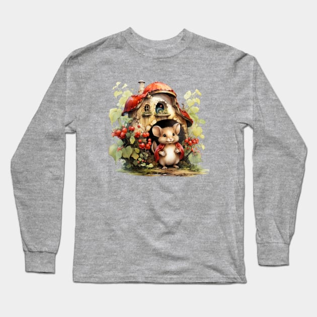 Mouse wearing red shawl  Mushroom House Long Sleeve T-Shirt by tfortwo